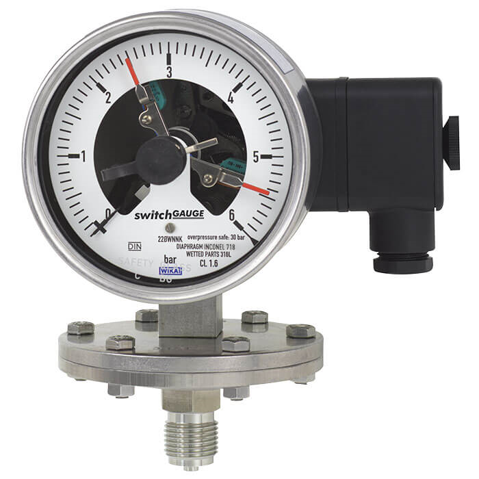 Diaphragm pressure gauge with switch contacts For the process industry, high overload safety up to the 10-fold full scale value, max. 40 bar
